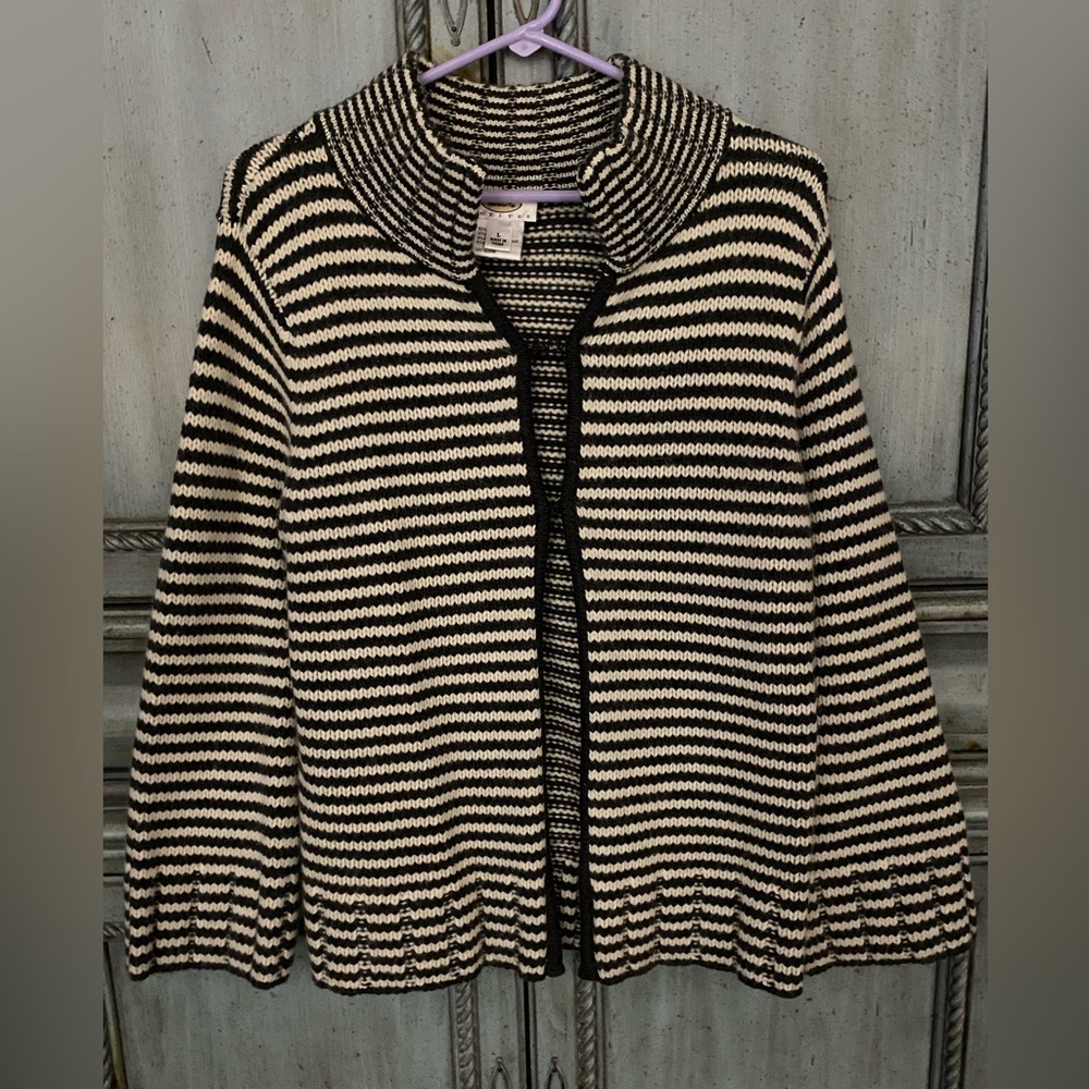 Long sleeve, high neck, open (3 hooks/eyes) gray/oatmeal wool striped sweater